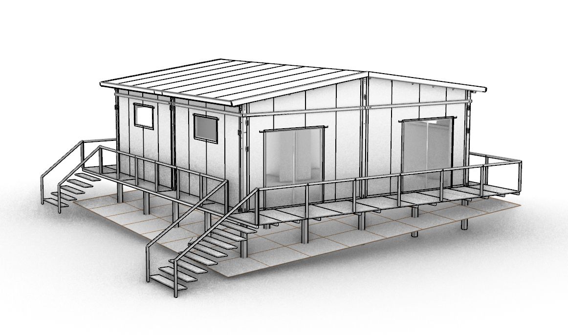 YHauz ADU exterior render with balcony, stairs, and ramp