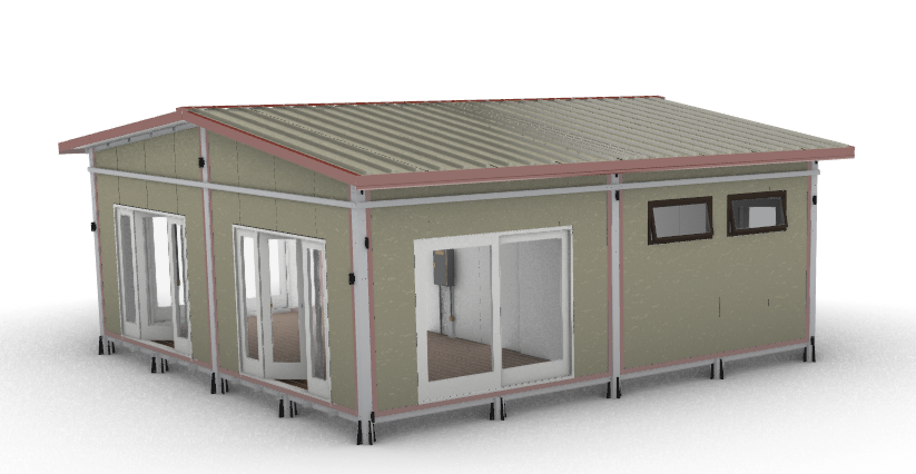 Assembled YHauz pavilion ADU, three-quarter view: stucco-finish insulated panels, hammered-copper flashing, ribbed metal gable roof, elevated on adjustable steel feet